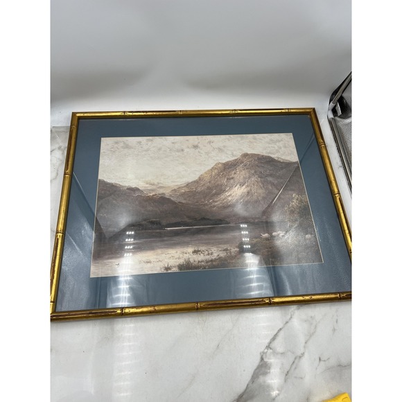 Vintage Framed Mountain Landscape Print Sheep Lake Scene Gold Bamboo 27x21